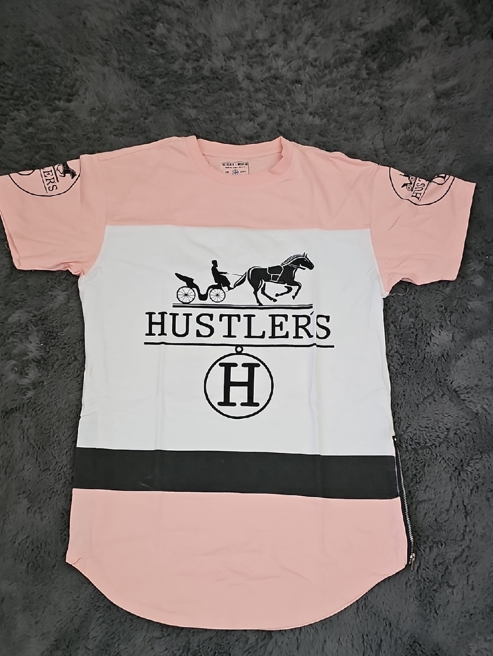 Hustlers Logo Tee - Pink White Black Side Zippers Size Large L